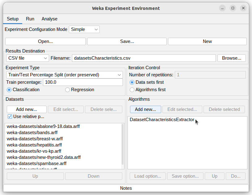Example of a WEKA Experimenter Setup tab configuration window for extracting descriptive characteristics from a set of datasets.